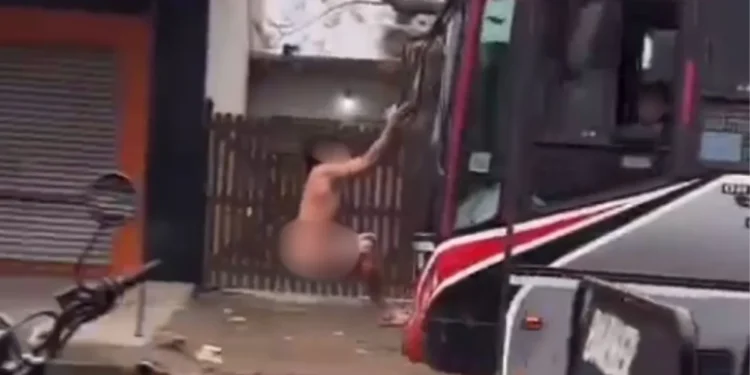 UN MASCULINO VIAJO DESNUDO EN EL PARABRISAS DE UN COLECTIVO.